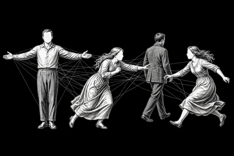 Four faceless figures showing the four attachment styles, white line art on black