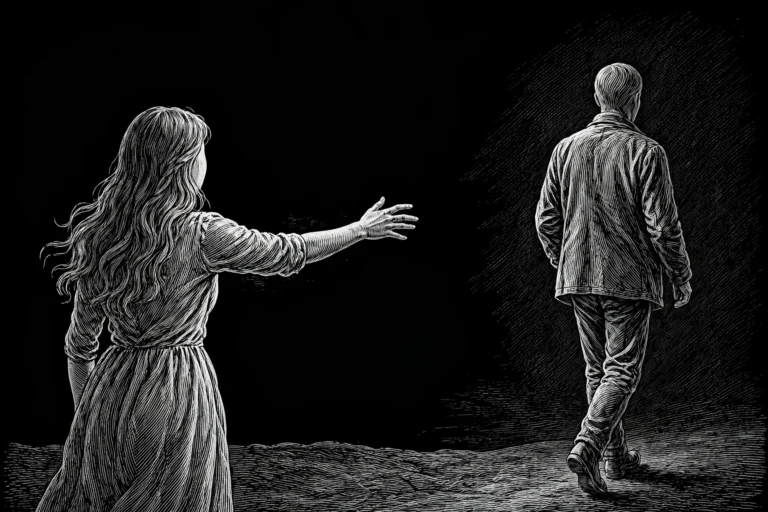 Faceless woman reaching toward a distant man, white line art on black